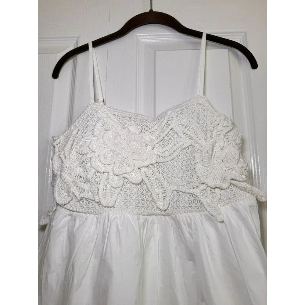White Cottagecore Mini Dress Crochet Floral Boho Sundress Size L 10 - Picture 3 of 11